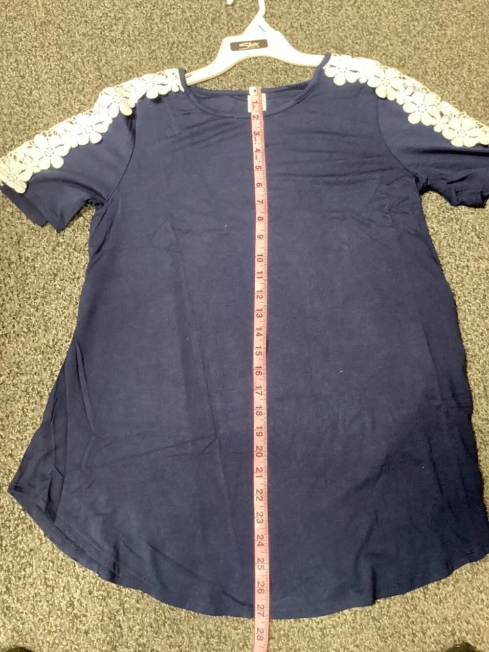 42 Pops Crochet Navy Blue Short Sleeve Shirt With Lace Floral Shoulder - Picture 4 of 4